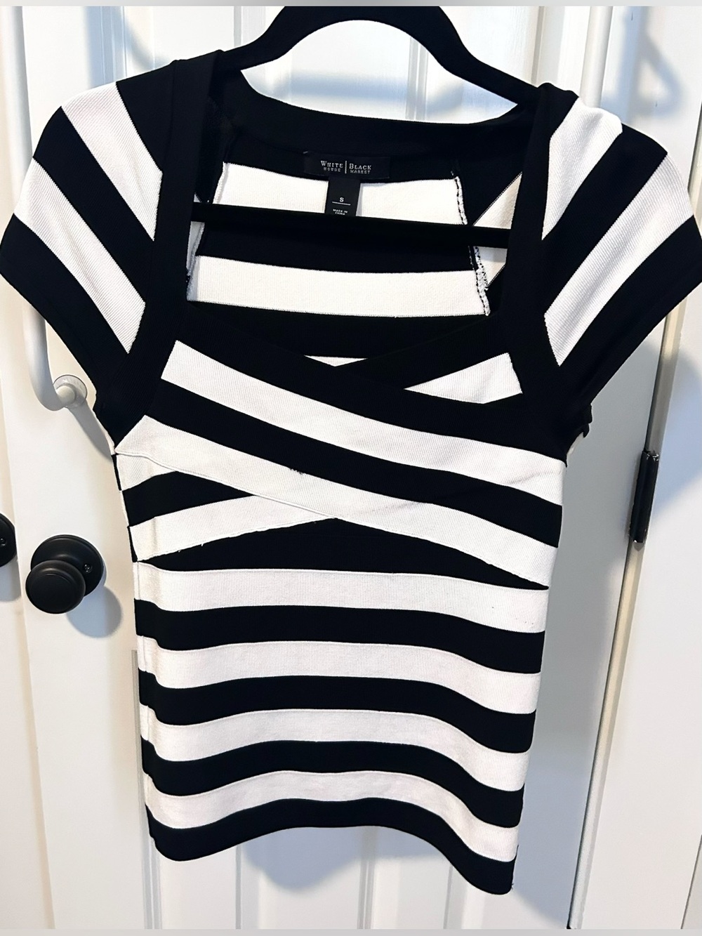 White House Black Market Black & White Striped Square-Neck Cap-Sleeve Top